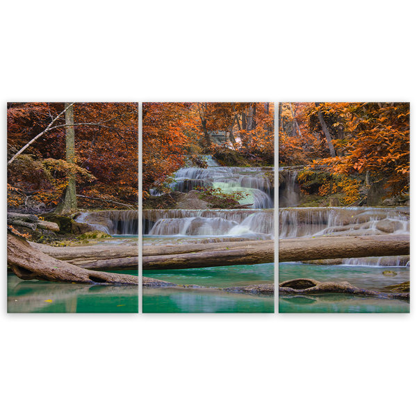 Union Rustic Waterfall Autumn Forest - 3 Piece Wrapped Canvas Print ...