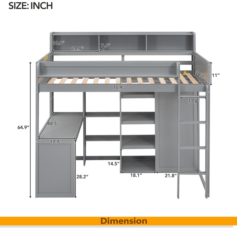 Lit mezzanine avec plusieurs tablettes de rangement et garde-robe, Gris