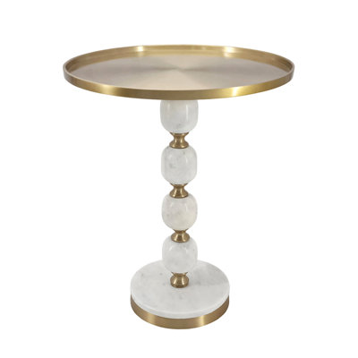 Siny Accent Side End Table, 16 Inch Round White, Gold Stacked Balls Base