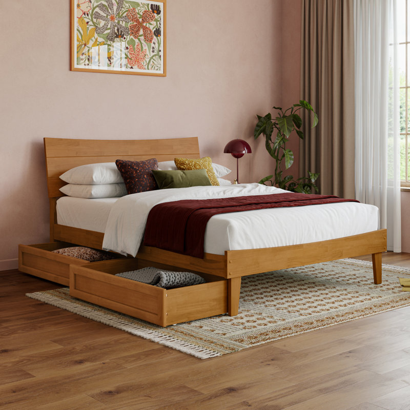 Phoenix Wood Platform Bed with Storage Drawers, Lit double, Caramel clair