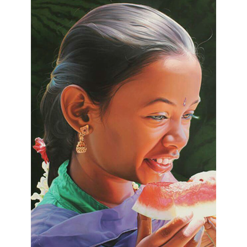 «Girl with Watermelon», peinture par Gokulam Vijay - huile sur toile 48 po x 48 po, portrait contemporain éclatant, art mural fait à la main