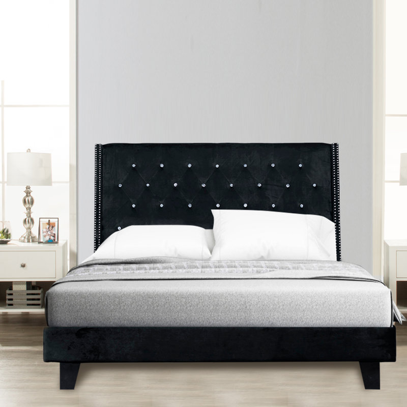 Dendrick Upholstered Tufted Velvet Bed, Black, King