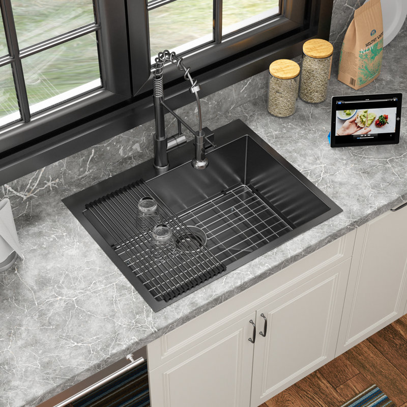 25" L x 22" W Drop-In Single Bowl Stainless Steel Kitchen Sink, Gunmetal Black