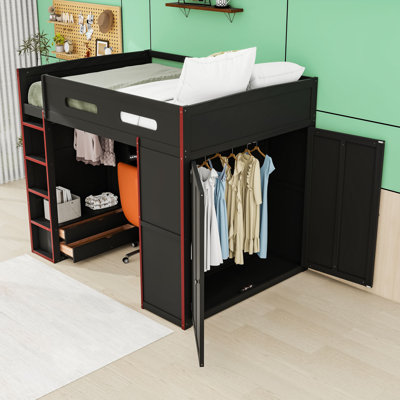 Full Wooden Loft Bed With RGB LED Light, Wardrobe, USB Port And Desk