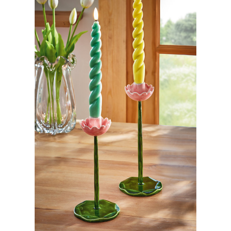 Flor Taper Candle Holder Large Green Enamel Iron Everyday, 10" H x 3.75" W x 3.75" D