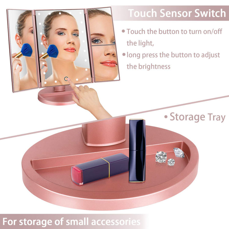 Rose Gold Tri-Fold LED Lighted Vanity Mirror with Magnification