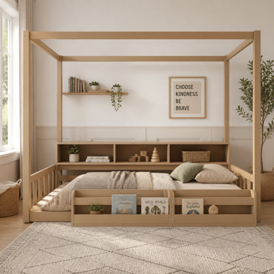 Lit simple Montessori avec clôture et garde-corps, base de lit pour enfant avec bibliothèque intégrée et tablettes de rangement, lit à baldaquin en bois avec lattes pour garçons, brun foncé