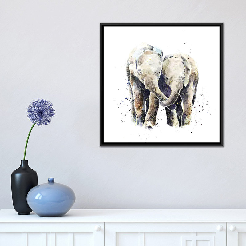 Deux éléphants par EdsWatercolours - impression, Pas de tapis, H 18 po x l 18 po x 1,5 po, Toile avec cadre noir