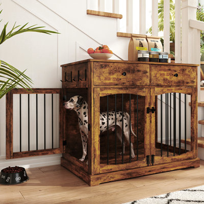 Table de bout pour chien 40 po avec 2 portes et tiroirs de rangement pour grands chiens d'intérieur, gris