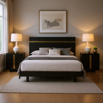 Ensemble de chambre à coucher grand lit, noir, bois doré, ensemble de 3 pièces avec 2 tables de chevet