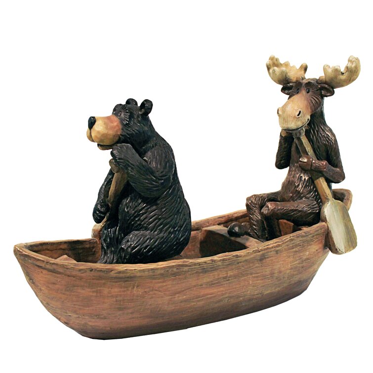 Moose and Black Bear in a Boat Statue