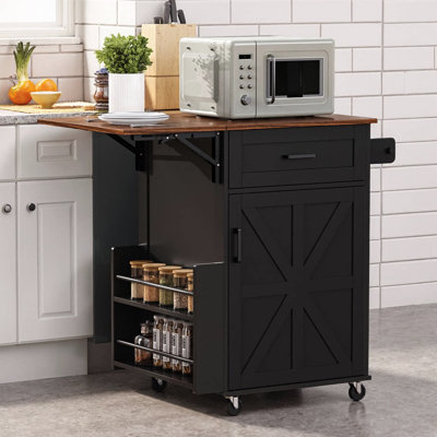 39.3" Farmhouse Kitchen Island with Drop Leaf | Rolling Kitchen Cart with Open Side Rack, Drawer & Towel Rack | Black Kitchen Island on Lockable Wheels for Indoor/Outdoor Use