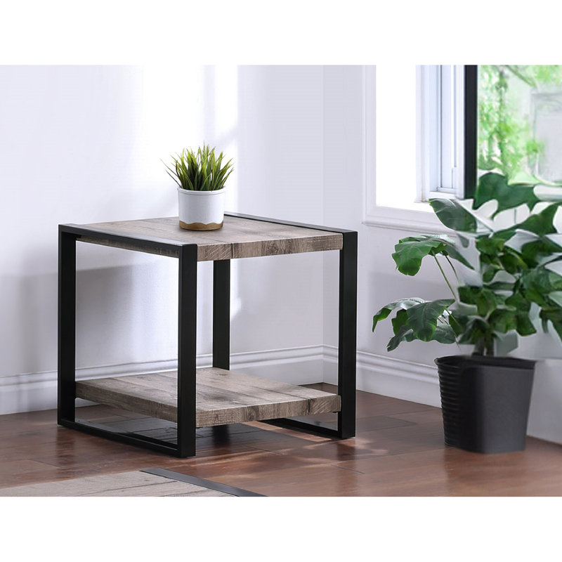 Table de bout rectangulaire rustique avec rangement gris pour tablette moderne double