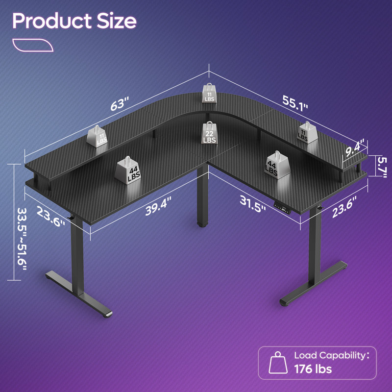 Nedyo 62.99" W L-Shaped Standing Desk with Monitor Stand, Black