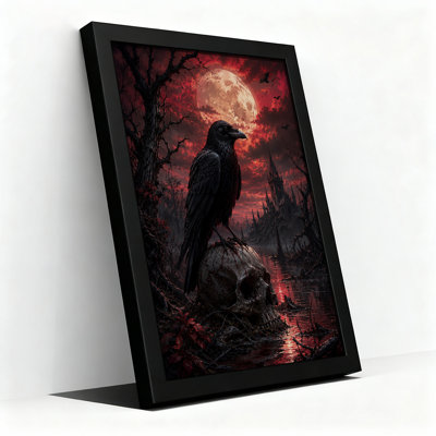Raven Perched on Skull Near Gothic Castle Under Halloween Canvas Wall Art