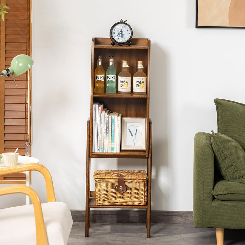 Bibliothèque à 3 niveaux en bambou avec tablette de rangement inférieure, organisateur de coin étroit pour la maison moderne, le salon ou le bureau, noyer