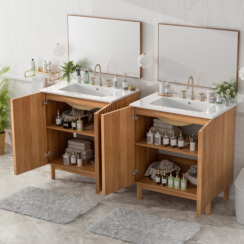 Ensemble de meuble-lavabo 59,8 po avec lavabo en céramique, style traditionnel américain, pieds en bois, structure en MDF, portes à fermeture en douceur avec tablette ajustable en forme de U, patins en plastique