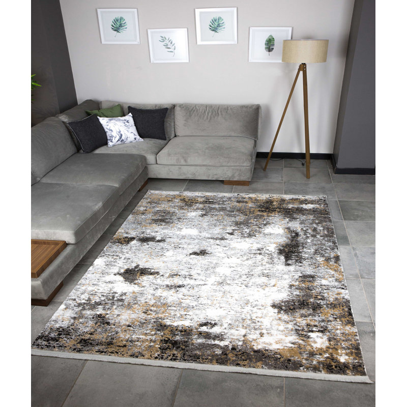 Tapis gris abstrait en polyester tissé à la machine, Rectangle 5 pi 3 po x 7 pi 7 po