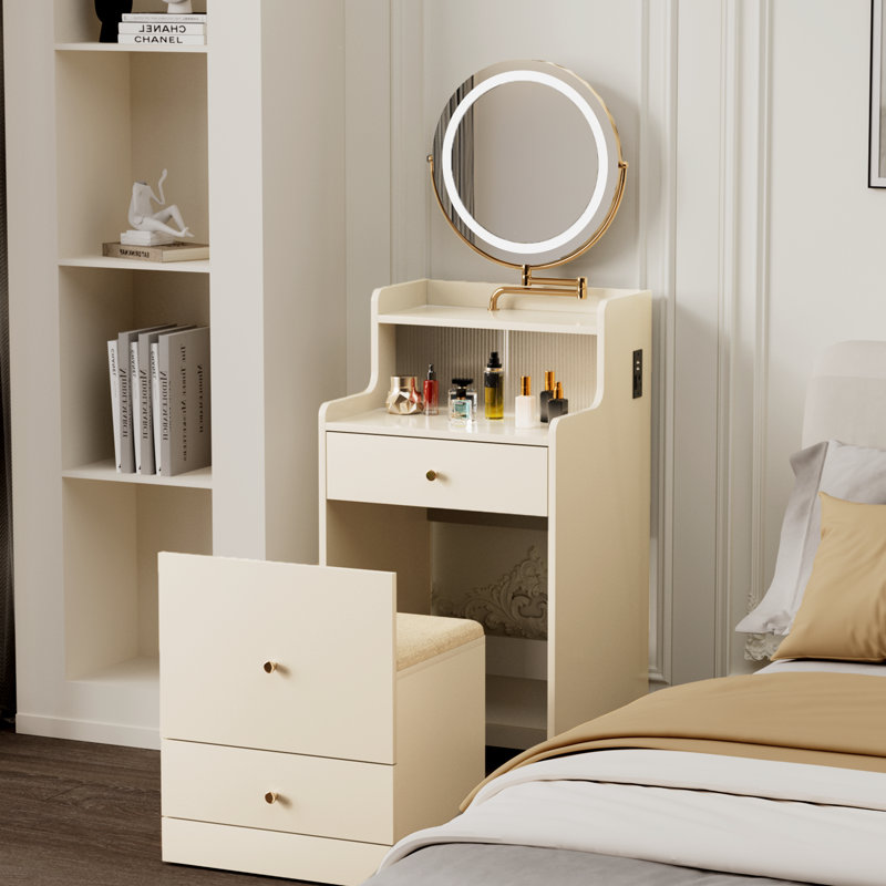 Makeup Vanity Desk With Mirror And Light, 3 In 1 Vanity Desk Set With Storage Hidden Stool, Charging Station And Open Storage Space, Compact Dressing Table