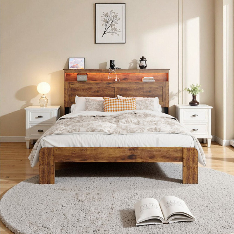 Cadre de lit plateforme moderne brun foncé avec tête de lit à DEL, 2 ports USB et rangement sous le lit - Assemblage sans outil, sans bruit