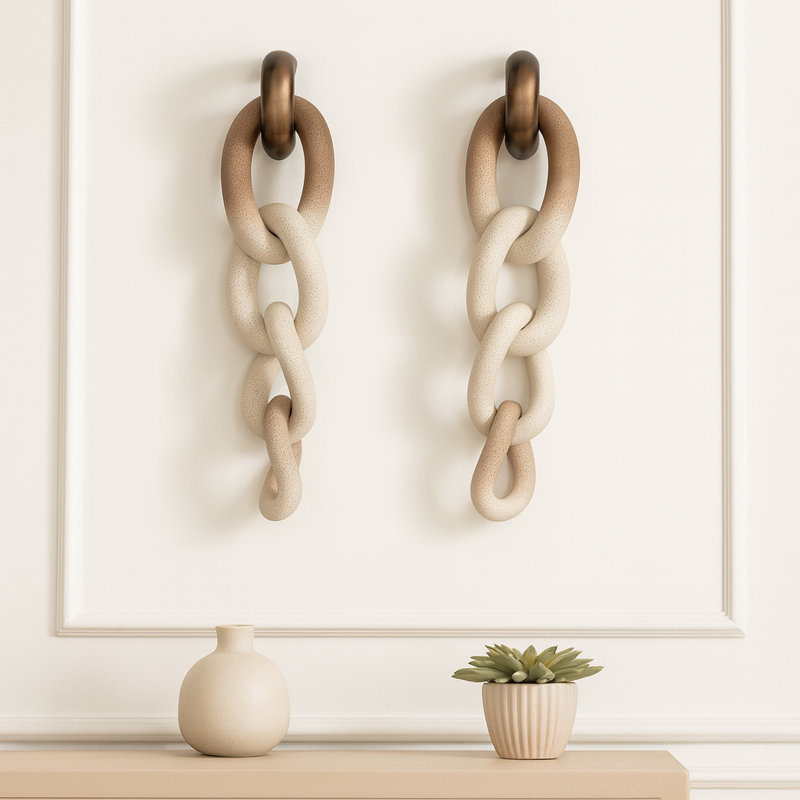 Decorative Resin Hanging Wall Chain Sculpture for Home Decor - Modern Object Accent Decoration for Living Room Wall - Set of 2, 28", Brown & Ivory