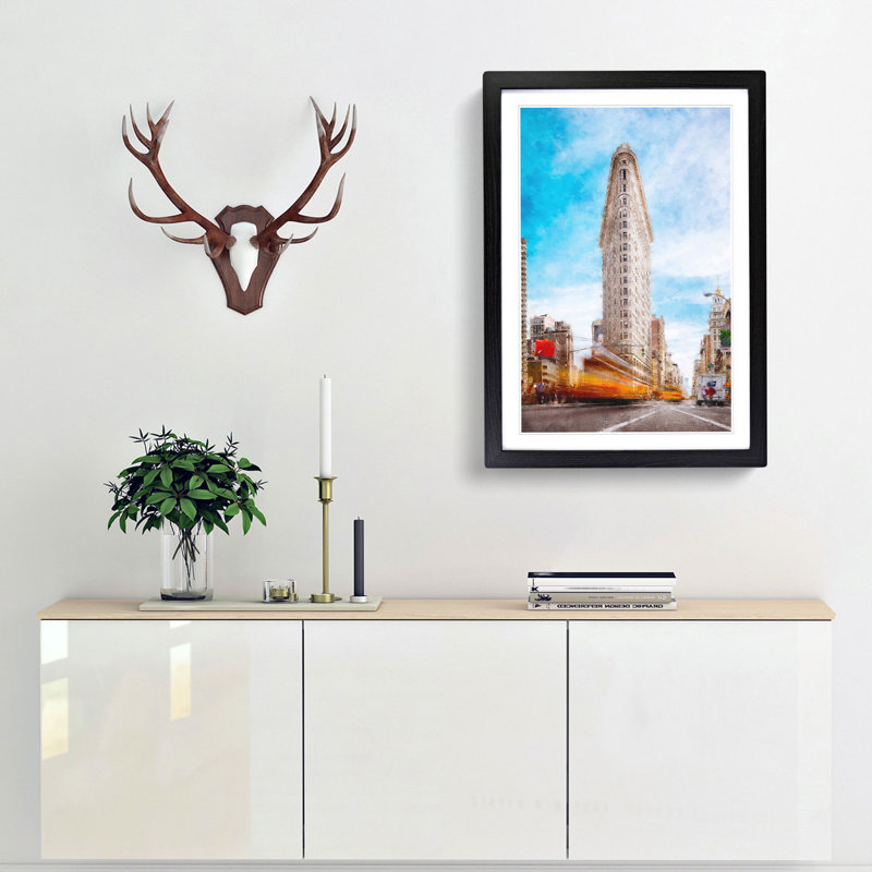 Flatiron Building in New York - Picture Frame Painting Print, 87cm H x 62cm W x 2cm D, Black Framed