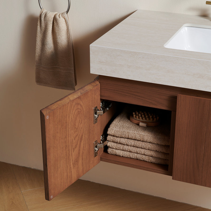 Plywood and Solid Wood Single Bathroom Vanity, Brown Oak, 36", Roma Travertine