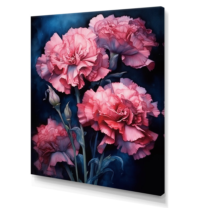 Œillets roses sur encre bleu marine - Œillets, impressions d'art mural, H 32 po x l 16 po x P 1 po, Toile tendue