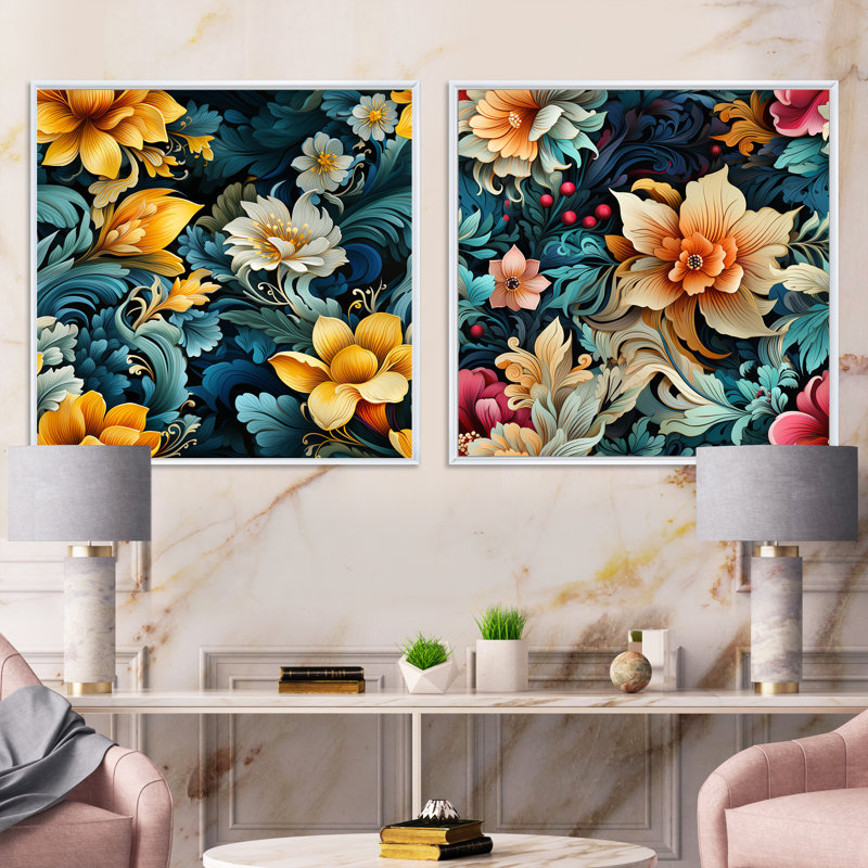 Pelaez - Ensemble de 2 collages carrés floraux, H 16 po x l 33 po, Cadre flottant blanc