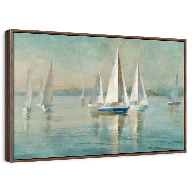 Voiliers au lever du soleil, 19 po x 13 po, Cadre flottant en noyer