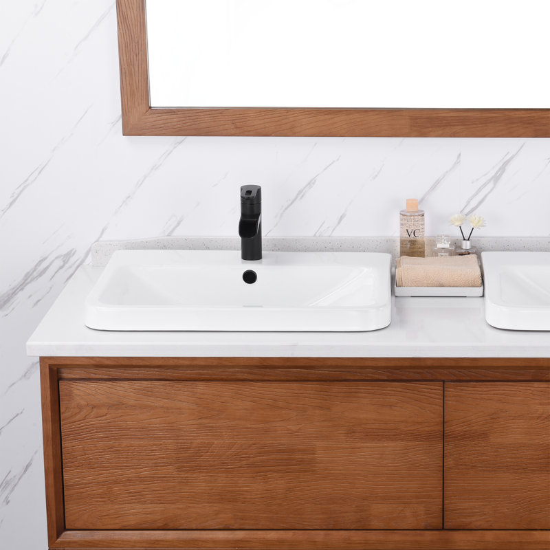 White Ceramic Rectangular Drop-In Bathroom Sink with Overflow