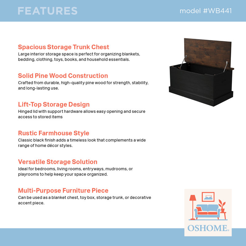  Solid Pine Storage Trunk Chest – Farmhouse Wooden Blanket Chest With Lift-top Hinged Lid In Harvest Black Finish