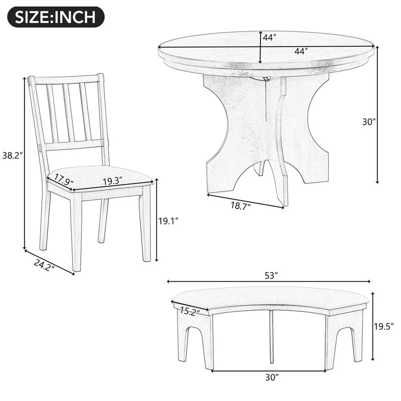 TREXM 5-piece Rustic Charm Round Dining Set with 3 Upholstered Chairs and Curved Bench, Grey/White, Grey