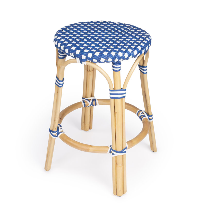 Tobias Rattan Bar Stool & Counter Stool, Blue/White Dot/Natural Rattan Frame, Counter Stool (24" Seat Height)