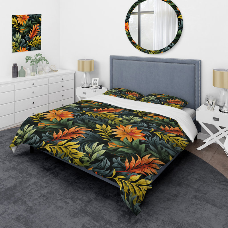 Ensemble de housse de couette Green And Orange Exotic Jungle Foliage I, Housse de couette pour très grand lit et 2 très