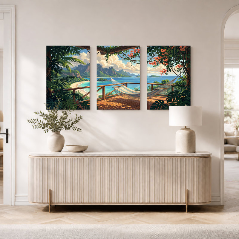 Ensemble de 3 toiles tropicales avec hamac et feuilles de Monstera, H 24 po x l 16 po x 3 pièces