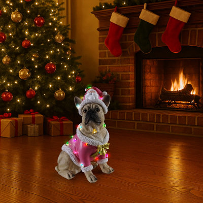 Christmas French Bulldog Statue,  Holiday Dog Figurine in Pink Santa Outfit, Festive Christmas Home Décor