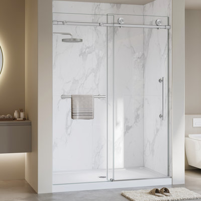 Porte de douche coulissante simple sans cadre de 49 à 54 po x H 76 po en nickel brossé avec verre trempé transparent de 5/16 po, coussin à fermeture en douceur