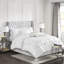 Édredon 7 pièces pour très grand lit - blanc avec détails: 1 édredon, 2 taies décoratives, 3 coussins décoratifs, jupe de lit, lavable, délice, coussins décoratifs de conception magnifique et froissé-121400202-121400208