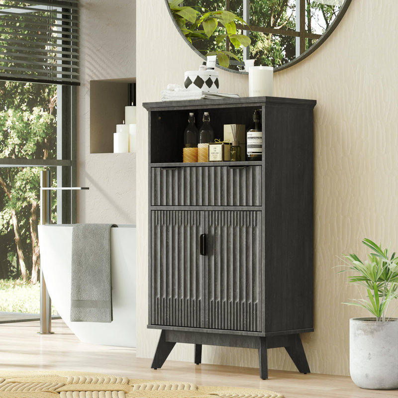 Storage Cabinet With Doors And Drawers, Solid Wood Legs, Tan