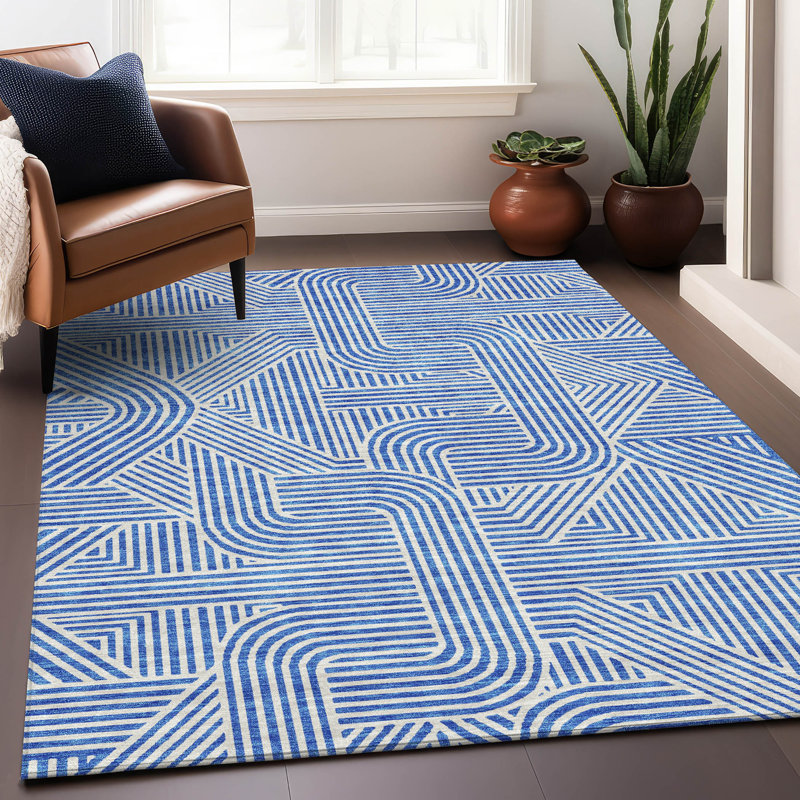 Tapis bleu Prisco lavable à la machine de qualité supérieure, Rectangle 2 pi 6 po x 3 pi 10 po