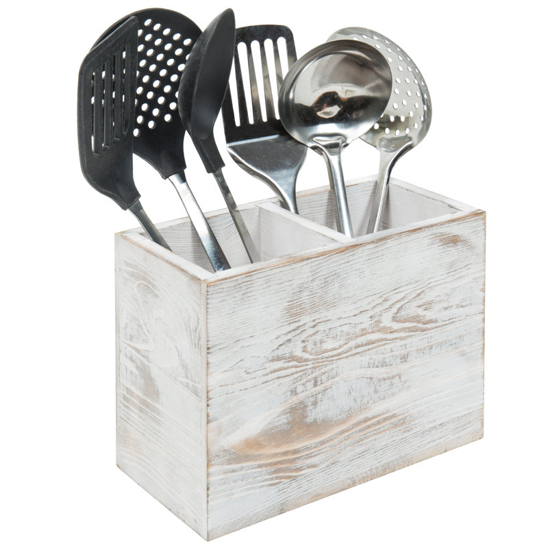 Wood Rectangle Utensil Crock, Rustic White