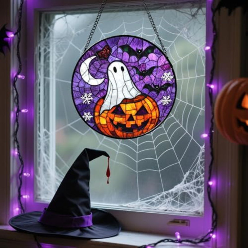 Vitrail suspendu à la citrouille d'Horreur d'Halloween 15 po - Porte Suncatcher Sunroom de style gothique