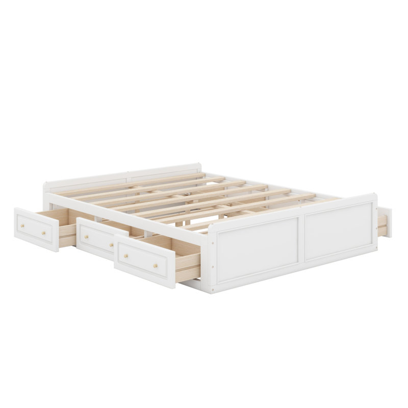 Structure de lit plateforme en bois avec 6 tiroirs, Blanc