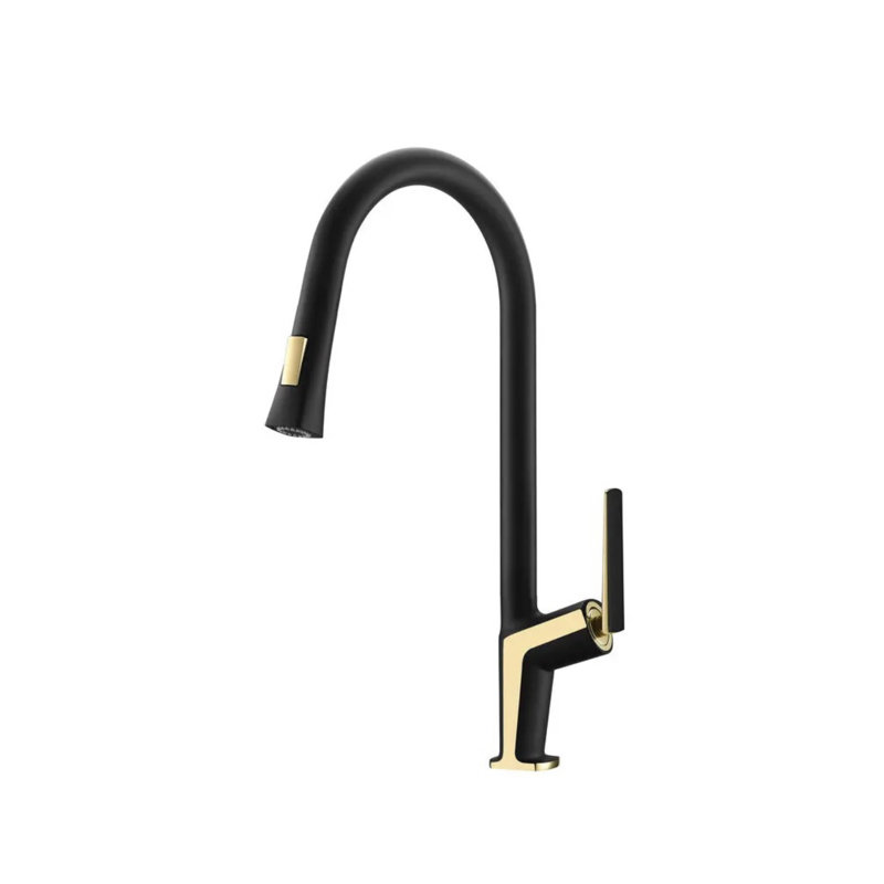 AvaMalis Pull Down Kitchen Faucet, Matt Black/Gold