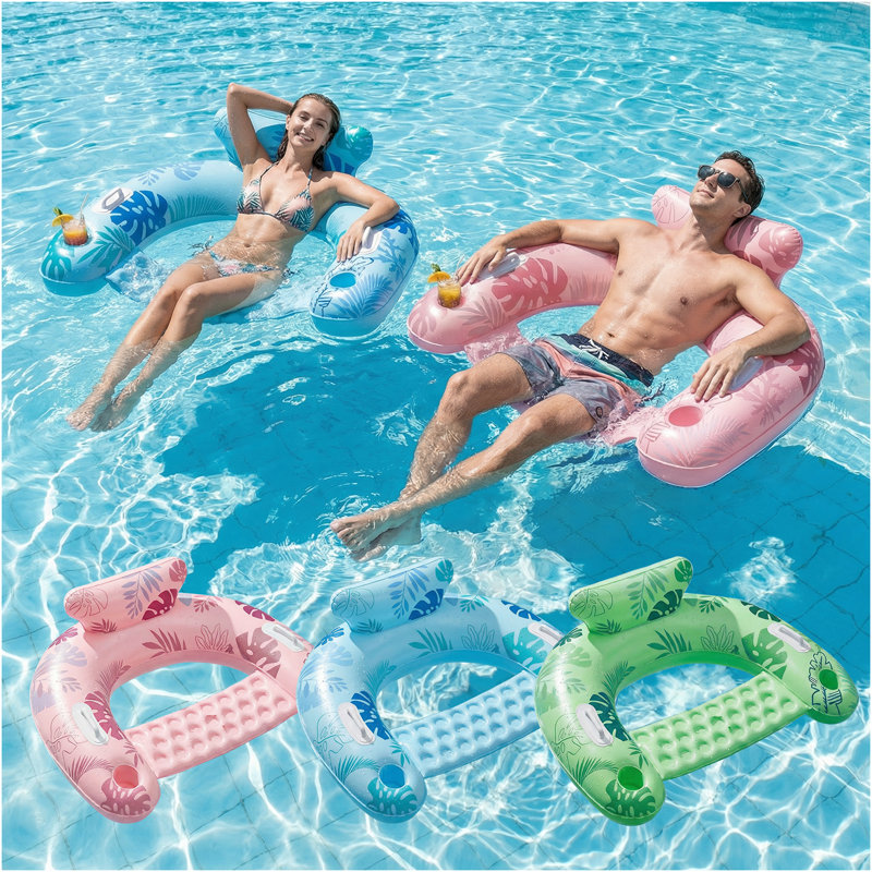3pcs Inflatable Pool Float Chair With Cup Holder & Headrest, U-Shaped Water Lounge Raft For Swimming Pool Beach Party, Leaf Blue, Green And Pink