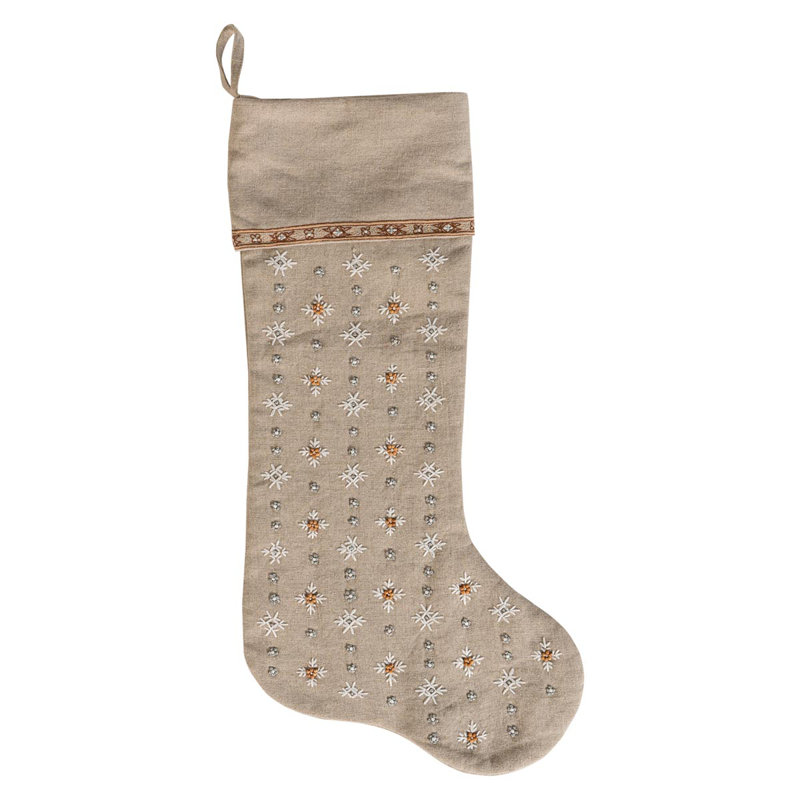 Heidi Natural Embroidered Christmas Stocking with Snowflakes