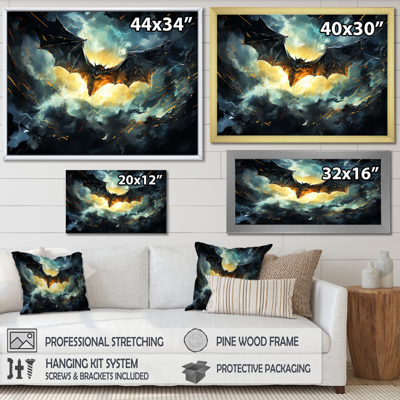 «Blue Watercolor Night Bat Charm I - Animal Bat», art mural, Cadre flottant noir, H 12 po x l 20 po x P 1 po