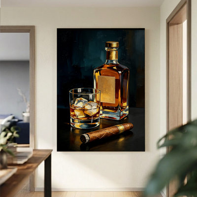 'Whiskey Bottle and Glass with Cigar' Realistic Oil Painting Print on Wrapped Canvas - Brown