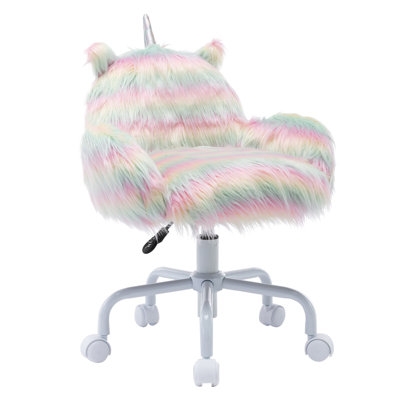 Andzelika Kids 17.3'' Unicorn Swivel Adjustable Height Kids Chair With 5 Wheels, Upholstered Faux Fur Activity Chair For Living Room